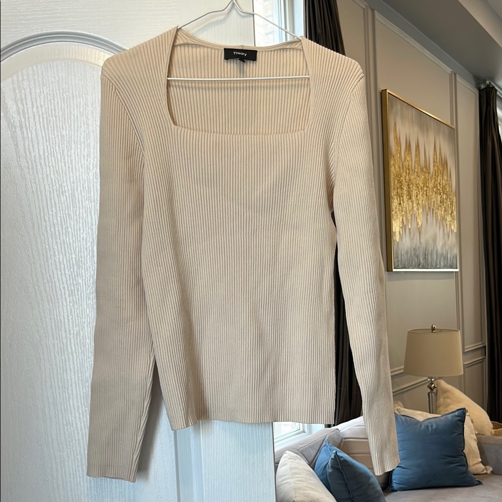 Theory Cream Ribbed Long Sleeve Top new knit sweater size L never worn
